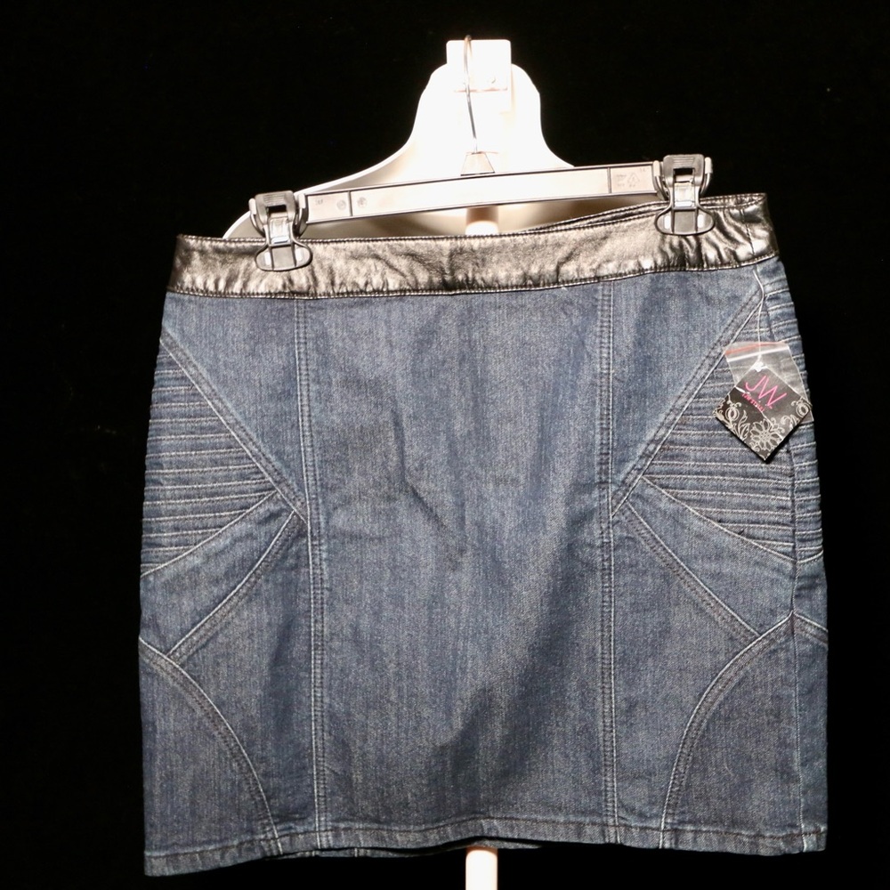 Elegant Denim Pencil Skirt with Black Leather Accents